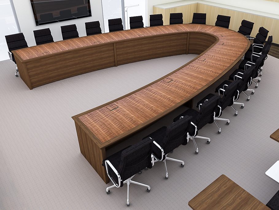 V shape conference table detailed pre-construction render design in final environment