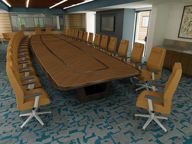 Intricate wood pattern boat conference table with sophisticated AV integration