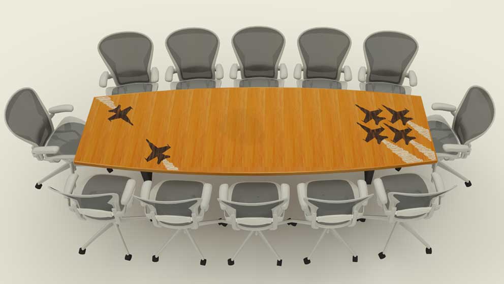 Rendering of conference table with aircraft inlay design for military briefing room