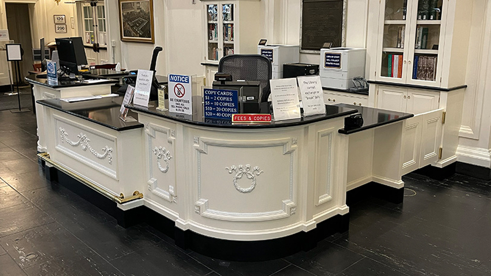Custom reception desk designed for the Daughters of the American Revolution Library